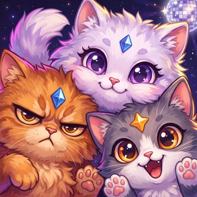 The PurrBawlz app icon: Comet, Nova and Pip squeezed into one shot