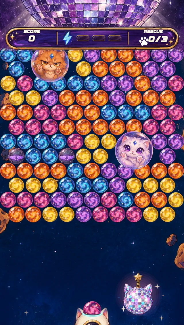 A board full of galaxy bubbles with Comet and Nova trapped near the top