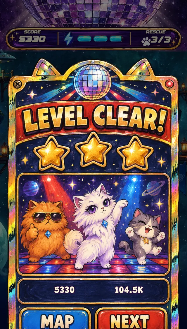 The Level Clear card, with all three cats dancing under a disco ball