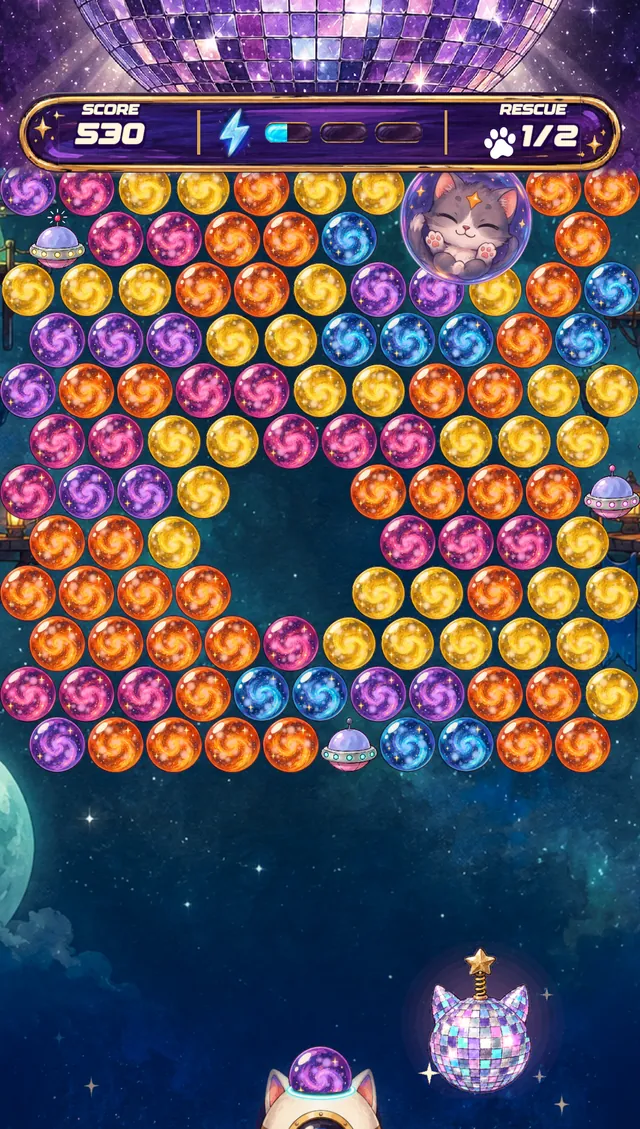 Mid-level: a gap cleared in the bubbles and a freed kitten lounging by the shooter